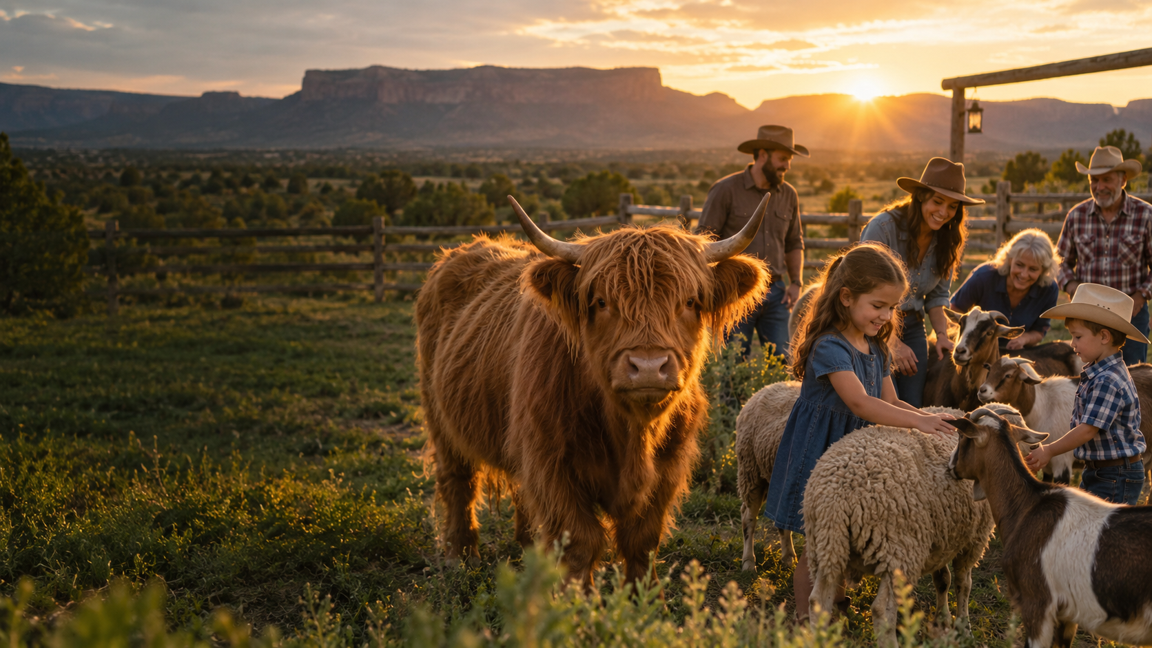 A Highland cow and children enjoying friendly ranch animals at golden hour